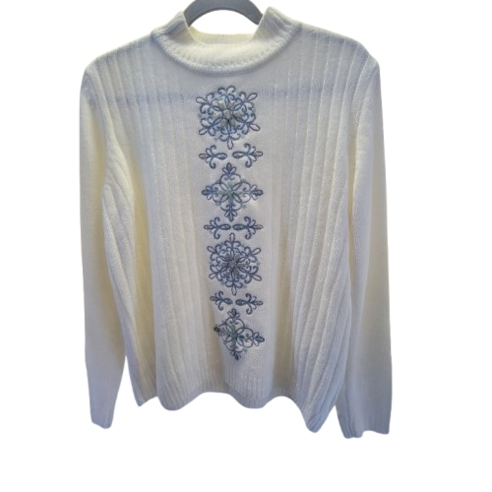 Alfred Dunner Cream Sweater with Blue Embroidery